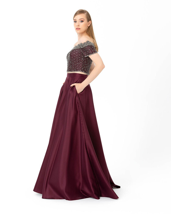  Indian Accessory Boat Neck Jacquard Evening Dress