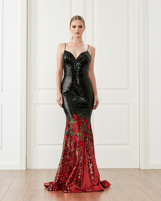 Fish Form V Neck Embroidered Evening Dress