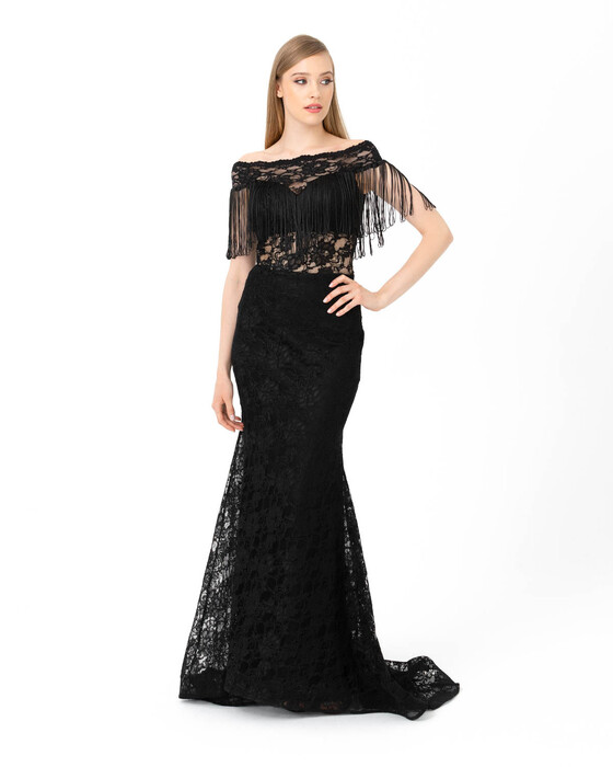 Fish Form Boat Neck Lace Evening Dress