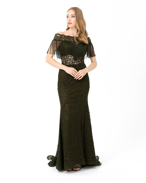 Fish Form Boat Neck Lace Evening Dress
