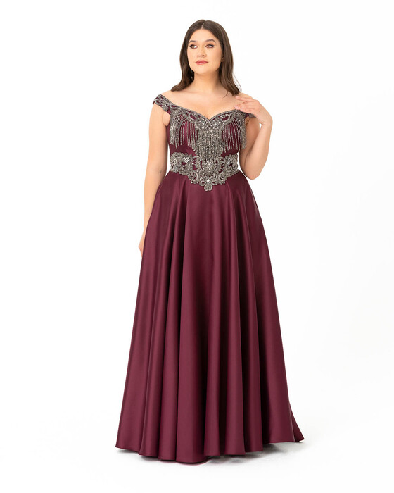  Plus Size Indian Accessoried Open Shoulder Jacquard Evening Dress