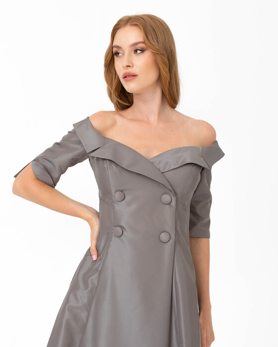 Slitted Button Detailed Evening Dress