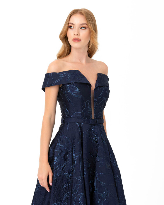 Belted Open Shoulder Jacquard Evening Dress