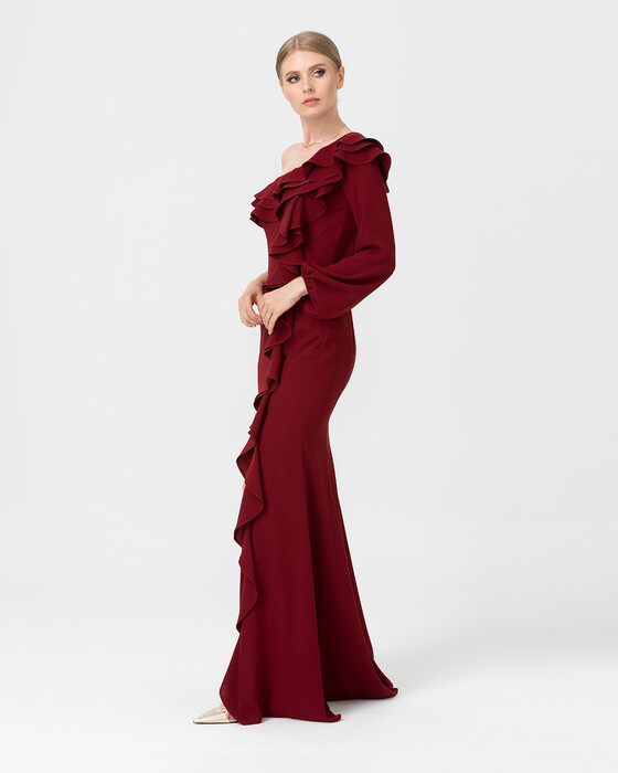  Fish Form One Shoulder Crepe Evening Dress