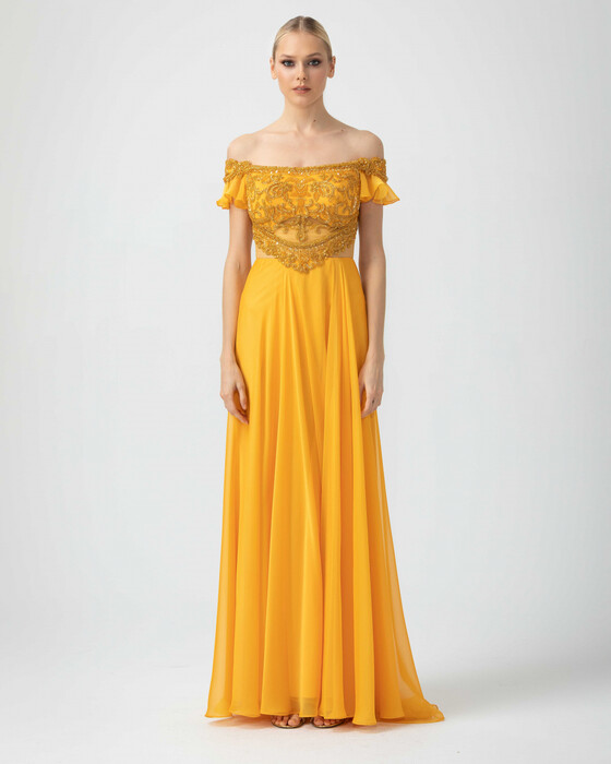  A Cut Open Shoulder Chiffon Evening Dress