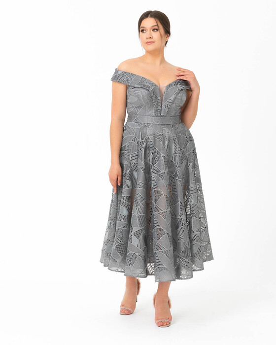 Plus Size A-Line Open Shoulder Lace Evening Dress
