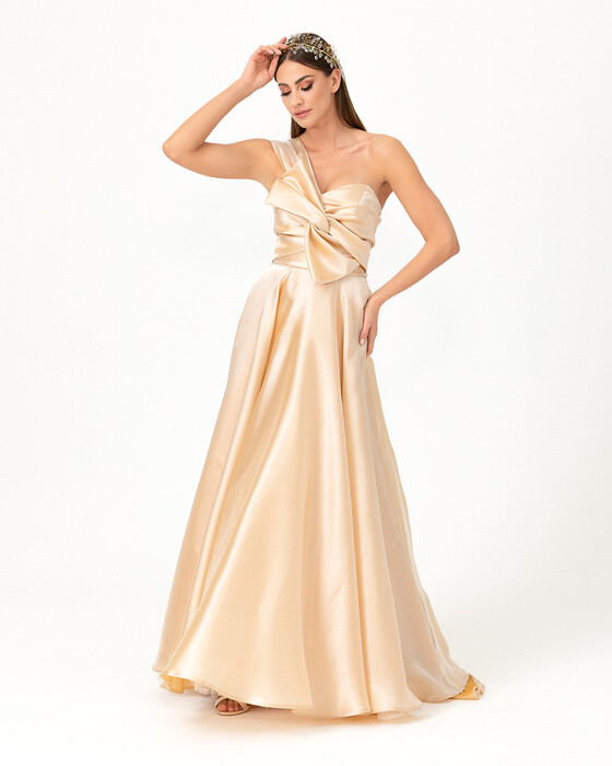 Lace Detailed Satin Evening Dress