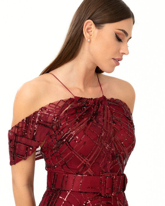 Belted Sleeve Detail Evening Dress
