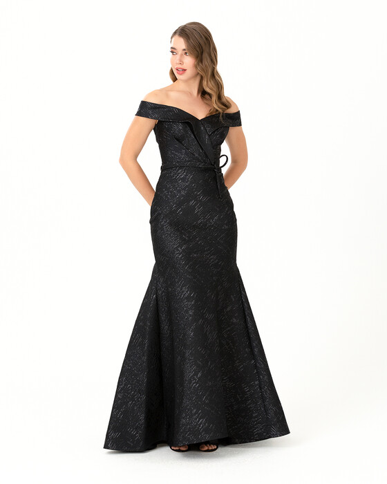 Fish Form Open Shoulder Jacquard Evening Dress