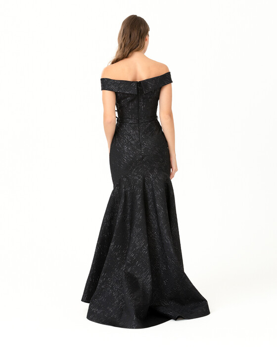 Fish Form Open Shoulder Jacquard Evening Dress