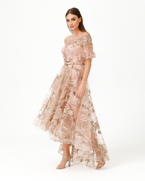 A Cut Open Shoulder Lace Evening Dress