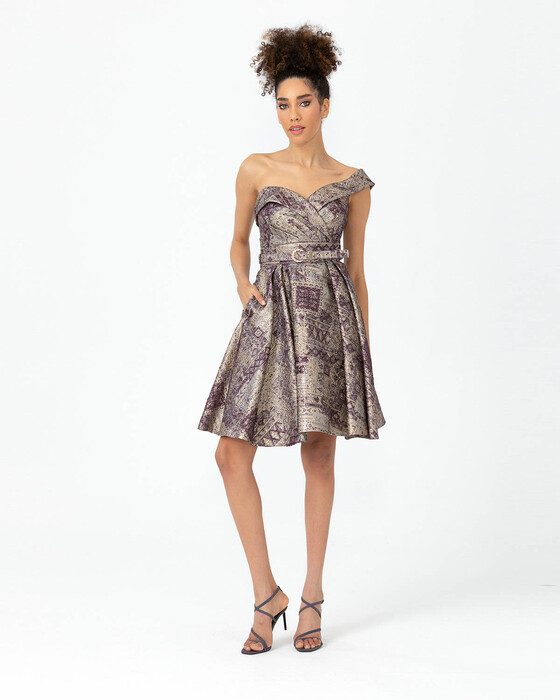  Belted Open Shoulder Jacquard Evening Dress