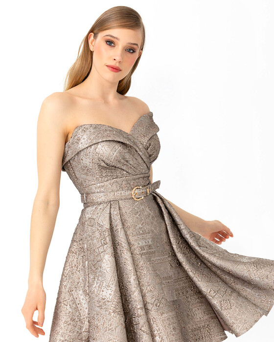  Belted Open Shoulder Jacquard Evening Dress