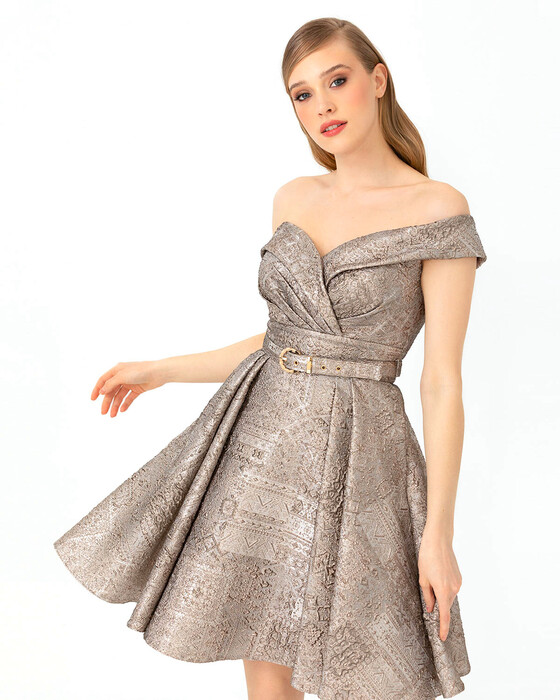  Belted Open Shoulder Jacquard Evening Dress