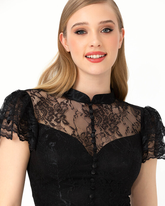 A-Line Judge Collar Lace Evening Dress