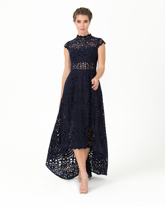 Asymmetrical Cut Pocket Detailed Lace Evening Dress