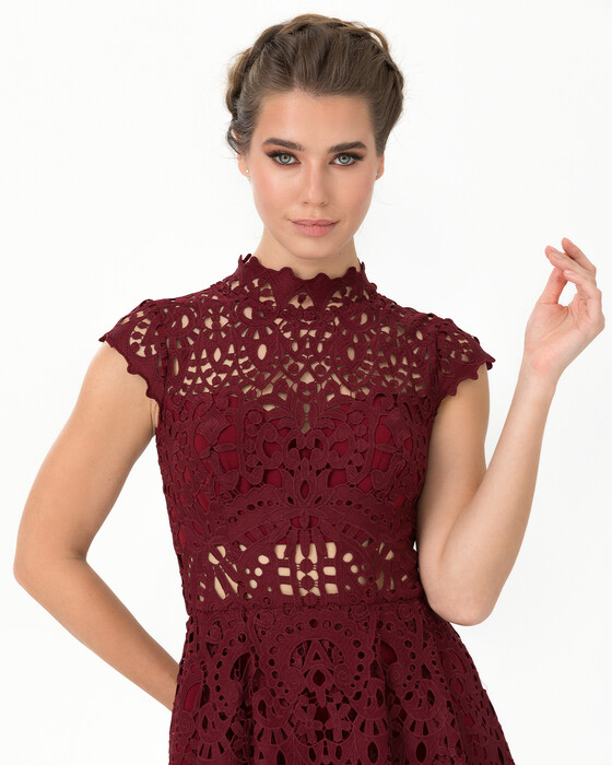 Asymmetrical Cut Pocket Detailed Lace Evening Dress