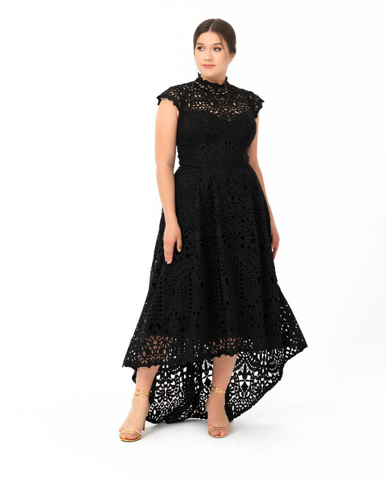 Plus Size Asymmetric Cut Lace Evening Dress