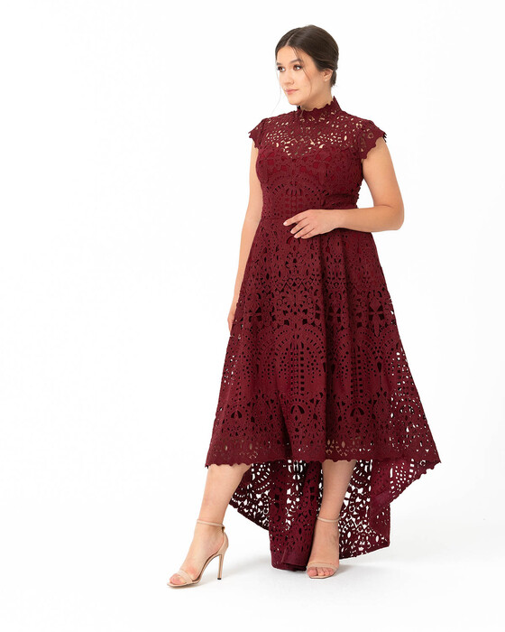 Plus Size Asymmetric Cut Lace Evening Dress