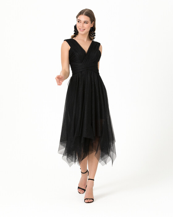 A-Line V Neck Tulle Evening Dress