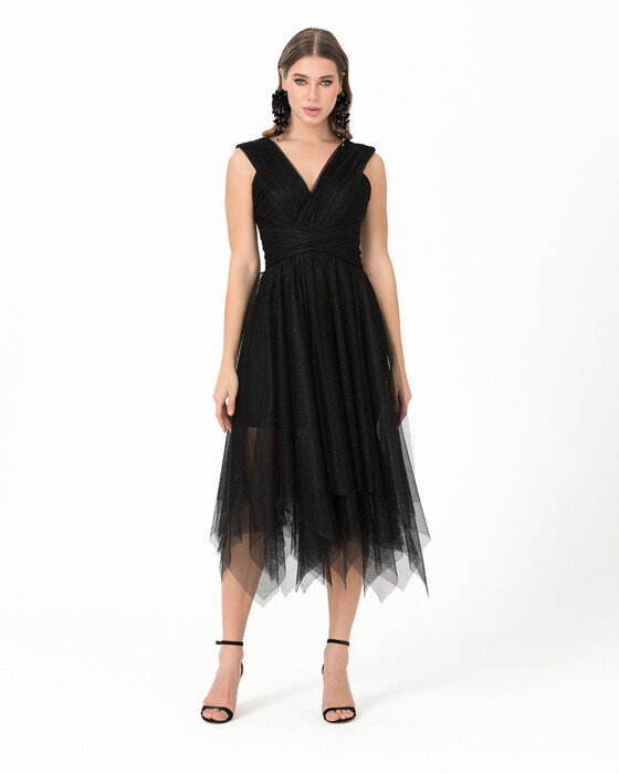 A-Line V Neck Tulle Evening Dress