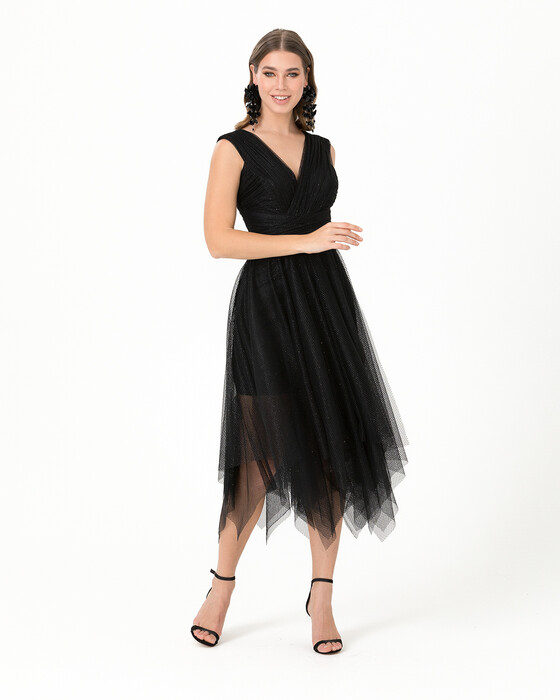 A-Line V Neck Tulle Evening Dress