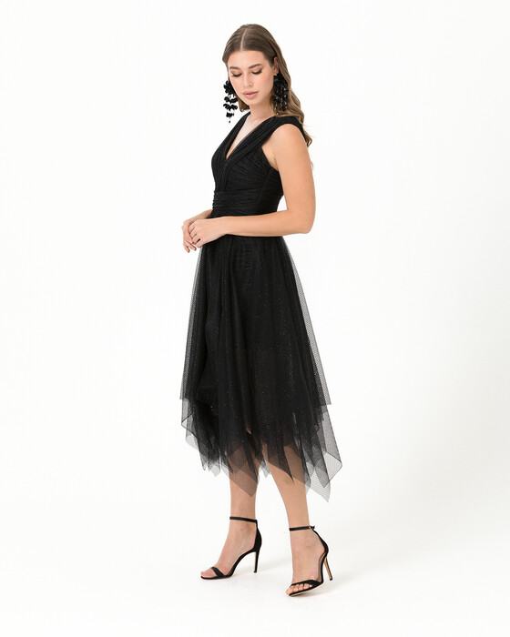 A-Line V Neck Tulle Evening Dress