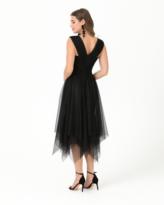 A-Line V Neck Tulle Evening Dress