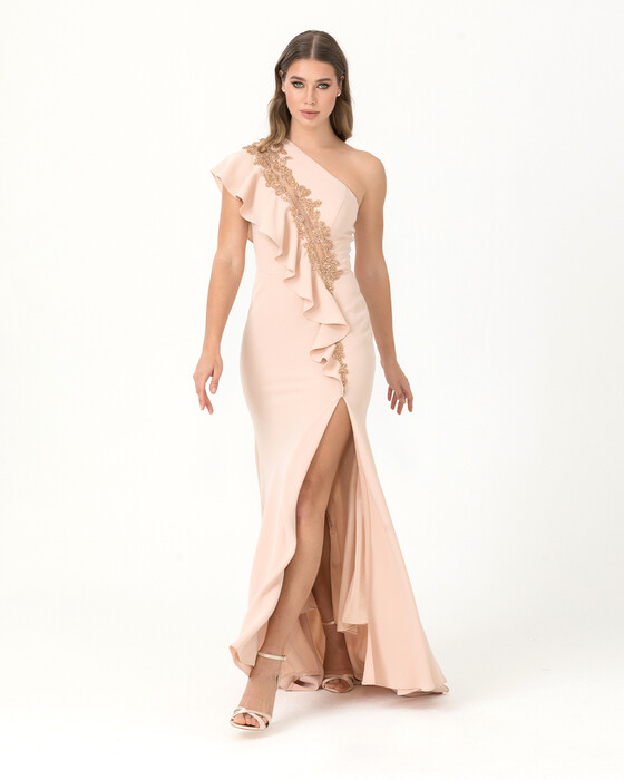 Fish Form One Shoulder Crepe Evening Dress