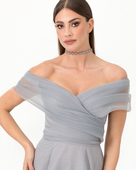 Long Sleeve Open Shoulder Tulle Evening Dress