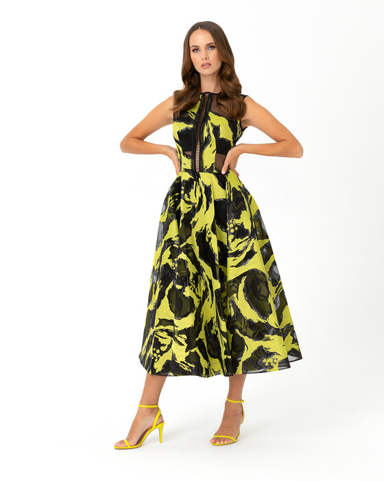 Pocket Detailed Jacquard Midi Length Evening Dress