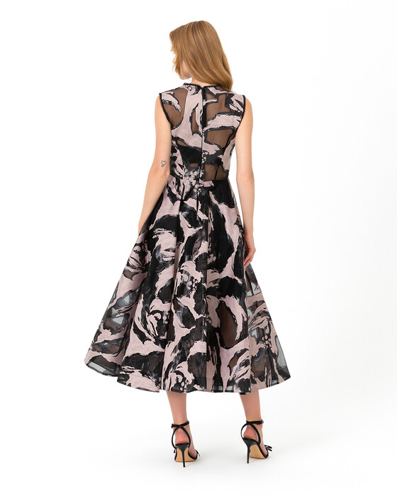 Pocket Detailed Jacquard Midi Length Evening Dress