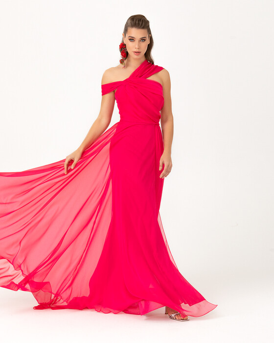 Maxi Length One Shoulder Chiffon Evening Dress