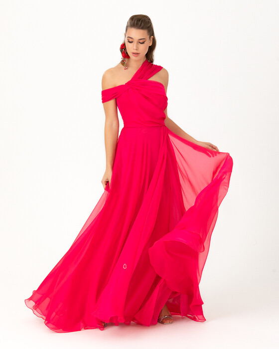 Maxi Length One Shoulder Chiffon Evening Dress