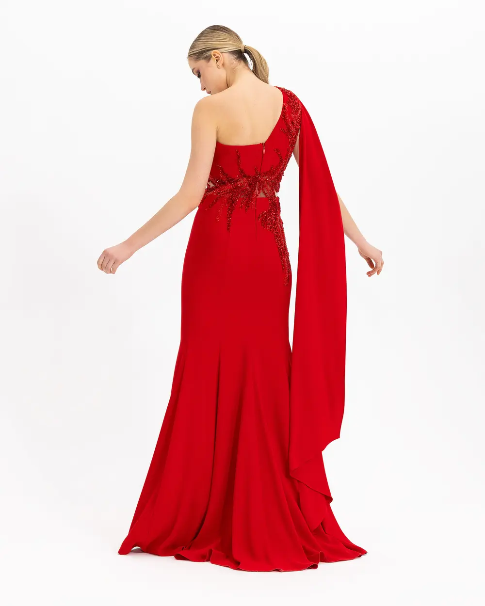 FISH FORM ONE SHOULDER CREPE EVENING DRESS