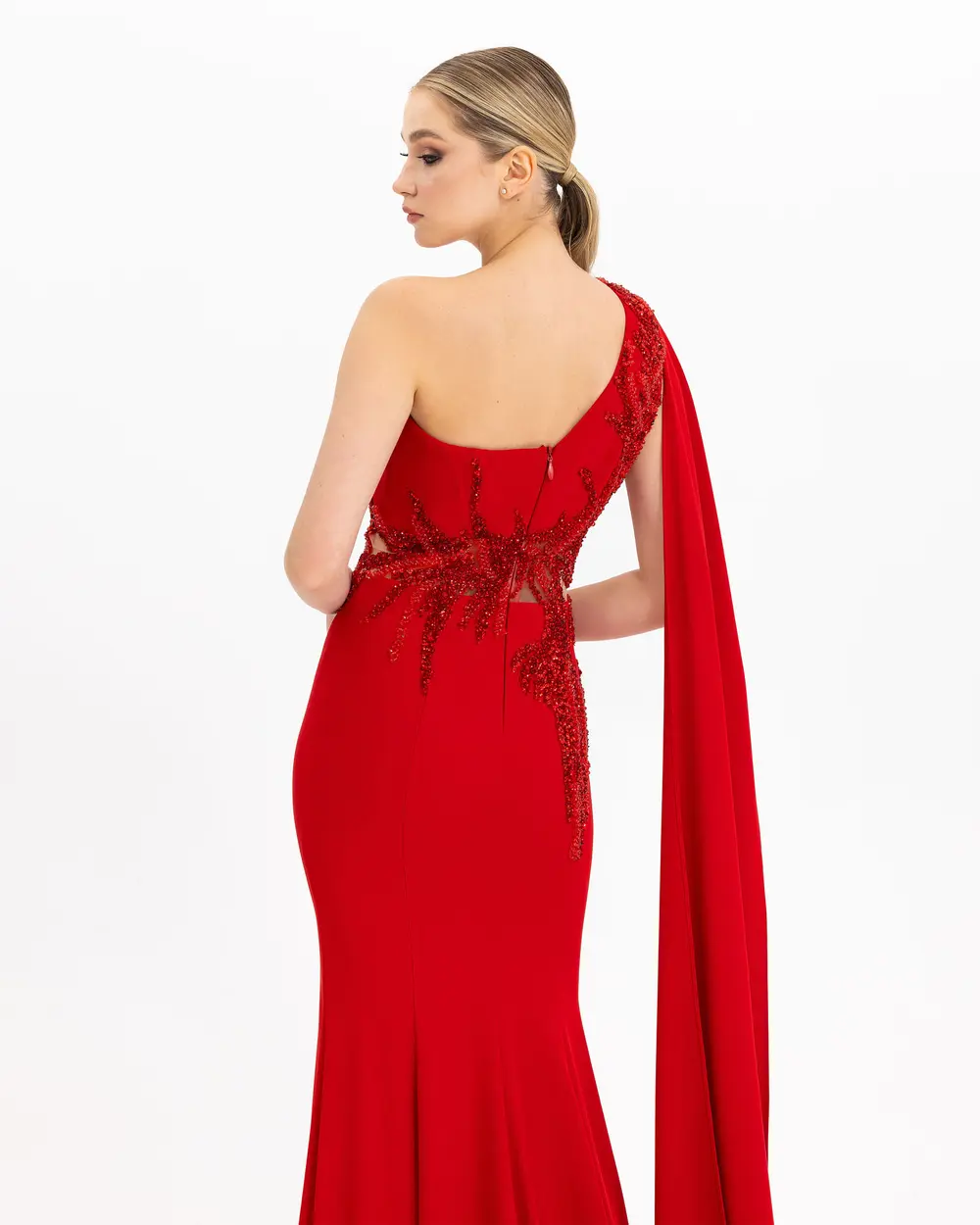 FISH FORM ONE SHOULDER CREPE EVENING DRESS