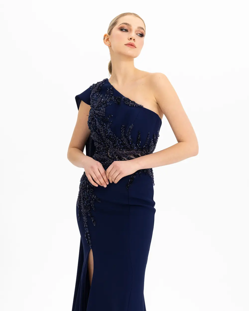 FISH FORM ONE SHOULDER CREPE EVENING DRESS