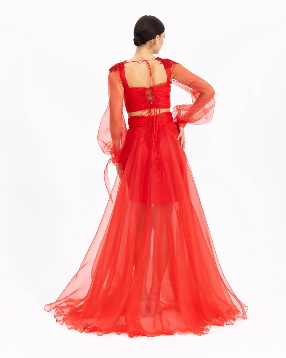  LACE EMBROIDERED SQUARE COLLAR TULLE EVENING DRESS