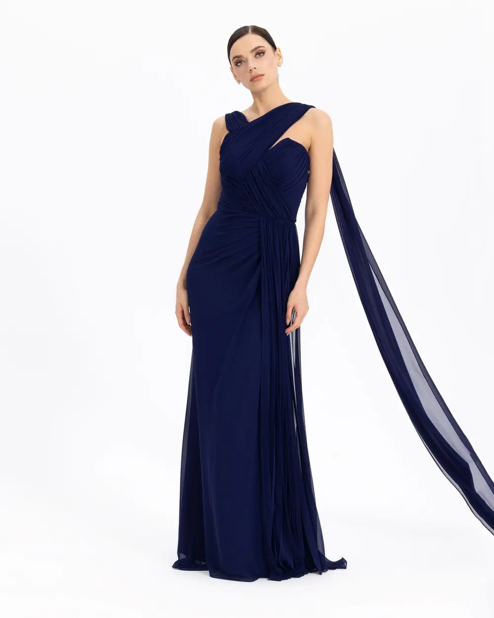 HEART COLLAR DRAPED CHIFFON EVENING DRESS