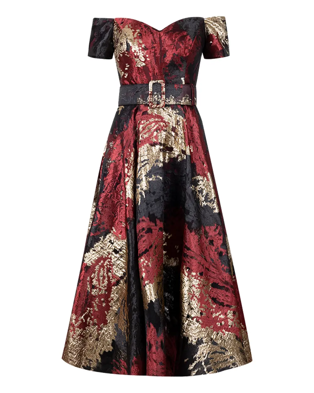  PATTERNED BOAT COLLAR MIDI LONG EVENING DRESS