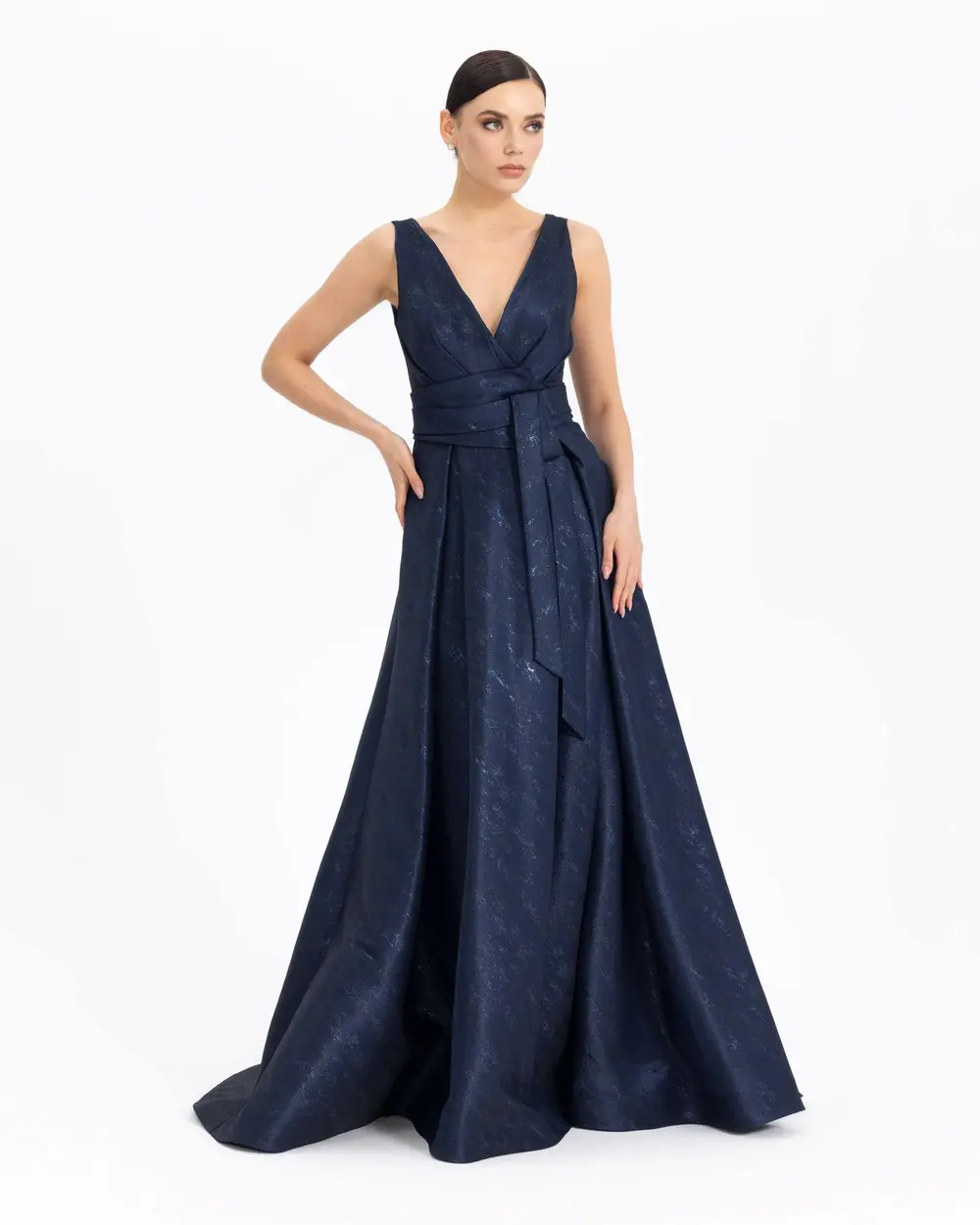 V-NECK JACQUARD MAXI EVENING DRESS