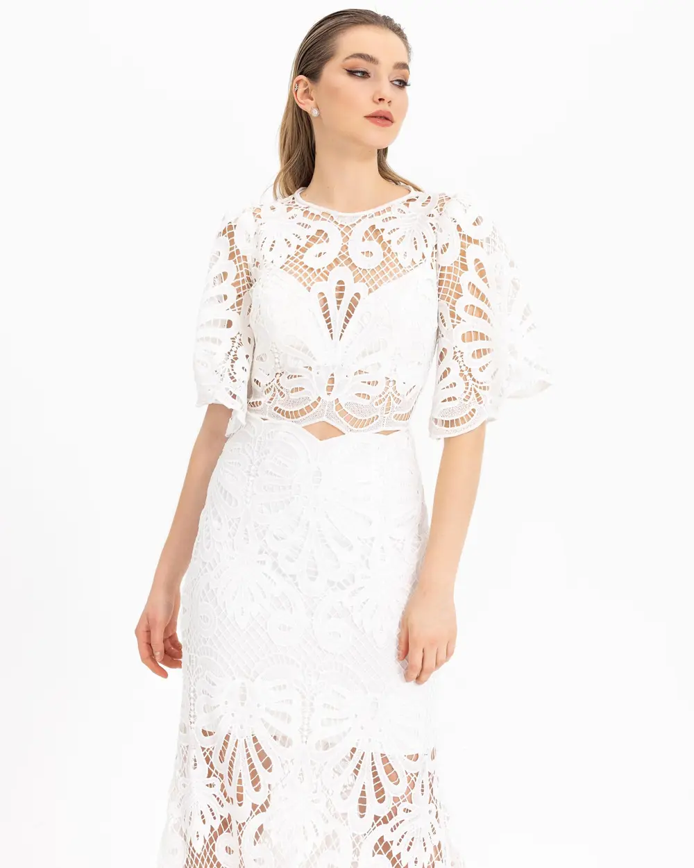 FISH FORM TROVACARD SLEEVE LACE EVENING DRESS