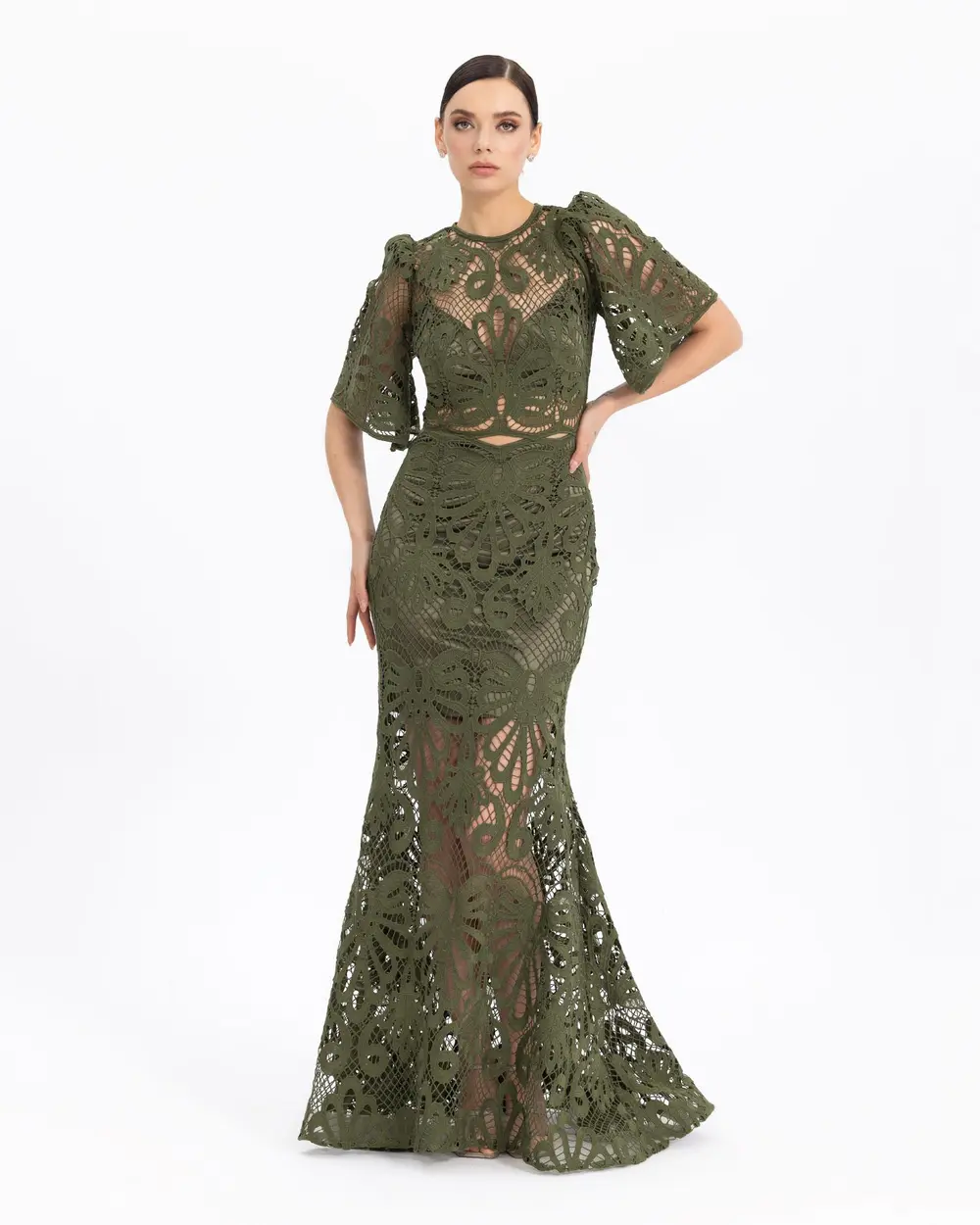 FISH FORM TROVACARD SLEEVE LACE EVENING DRESS