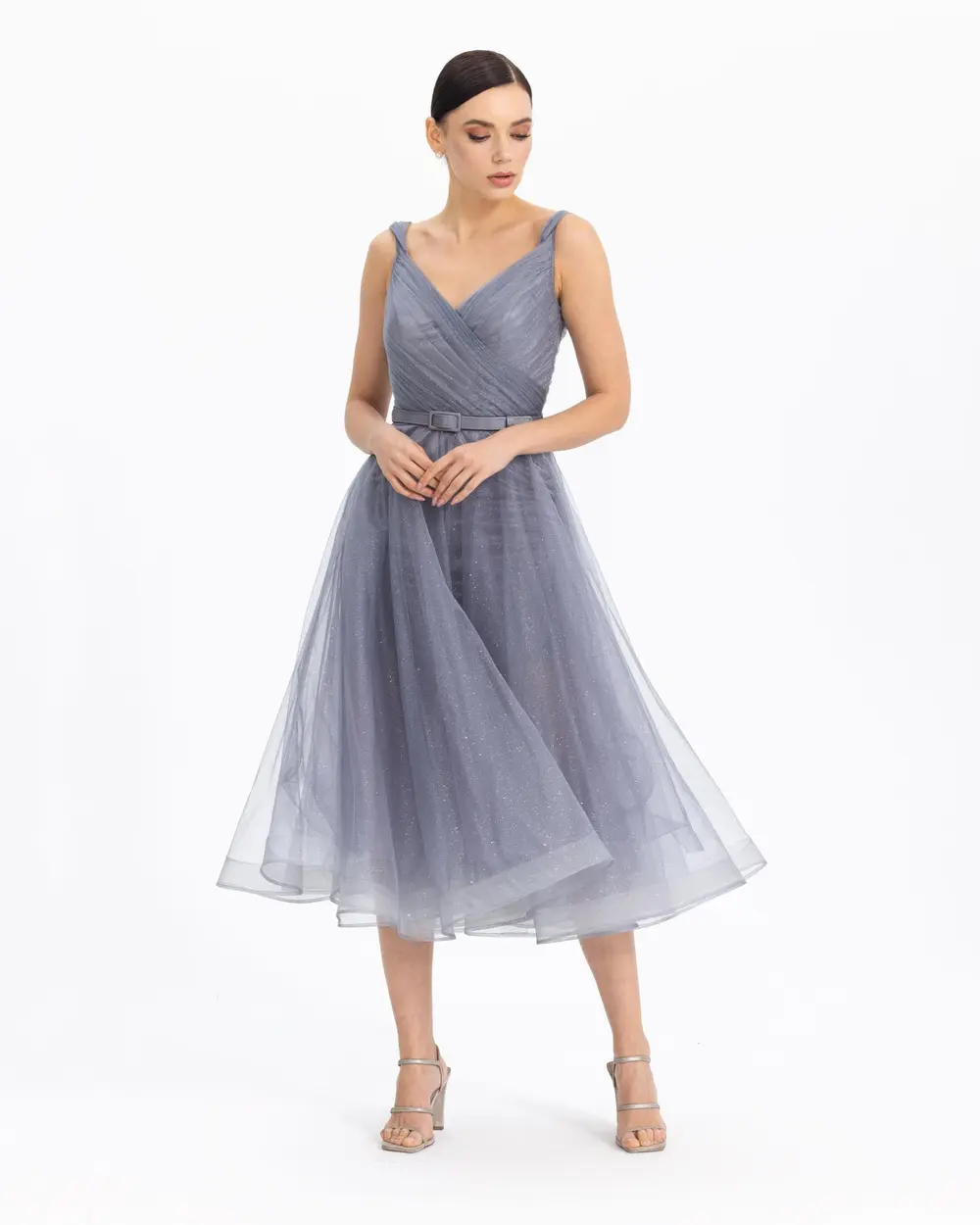 BELTED MIDI SIZE TULLE EVENING DRESS