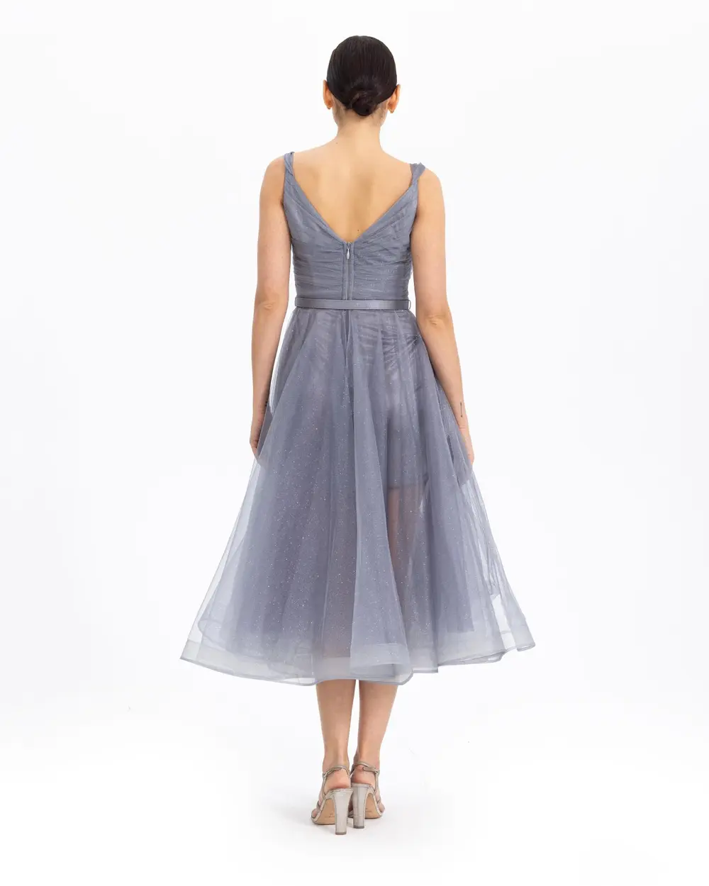 BELTED MIDI SIZE TULLE EVENING DRESS
