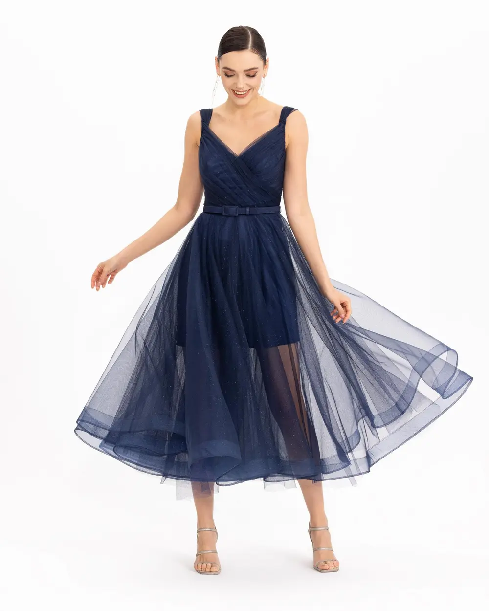 BELTED MIDI SIZE TULLE EVENING DRESS