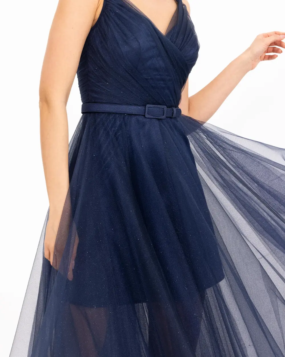 BELTED MIDI SIZE TULLE EVENING DRESS