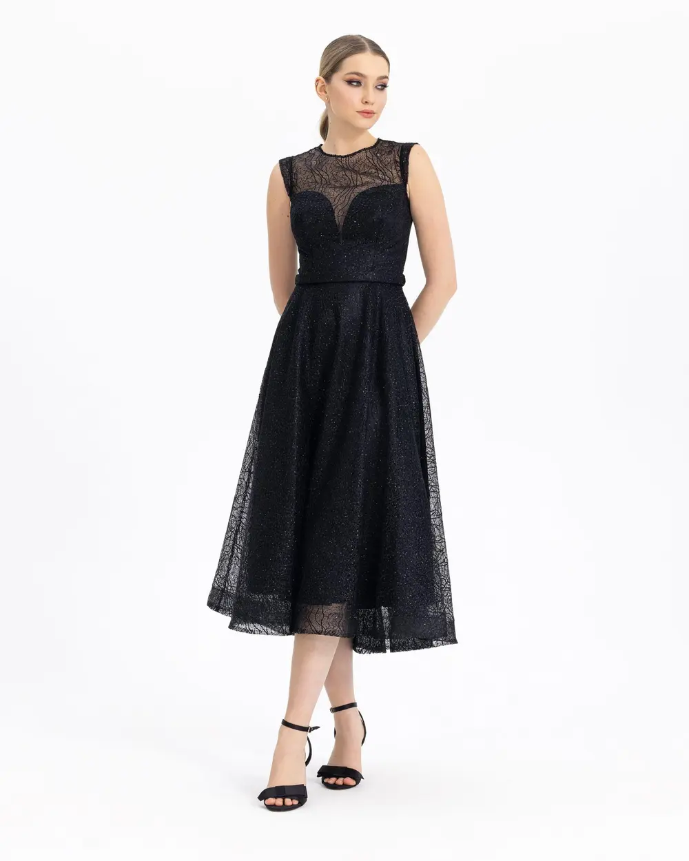 BELTED MIDI SIZE EVENING DRESS