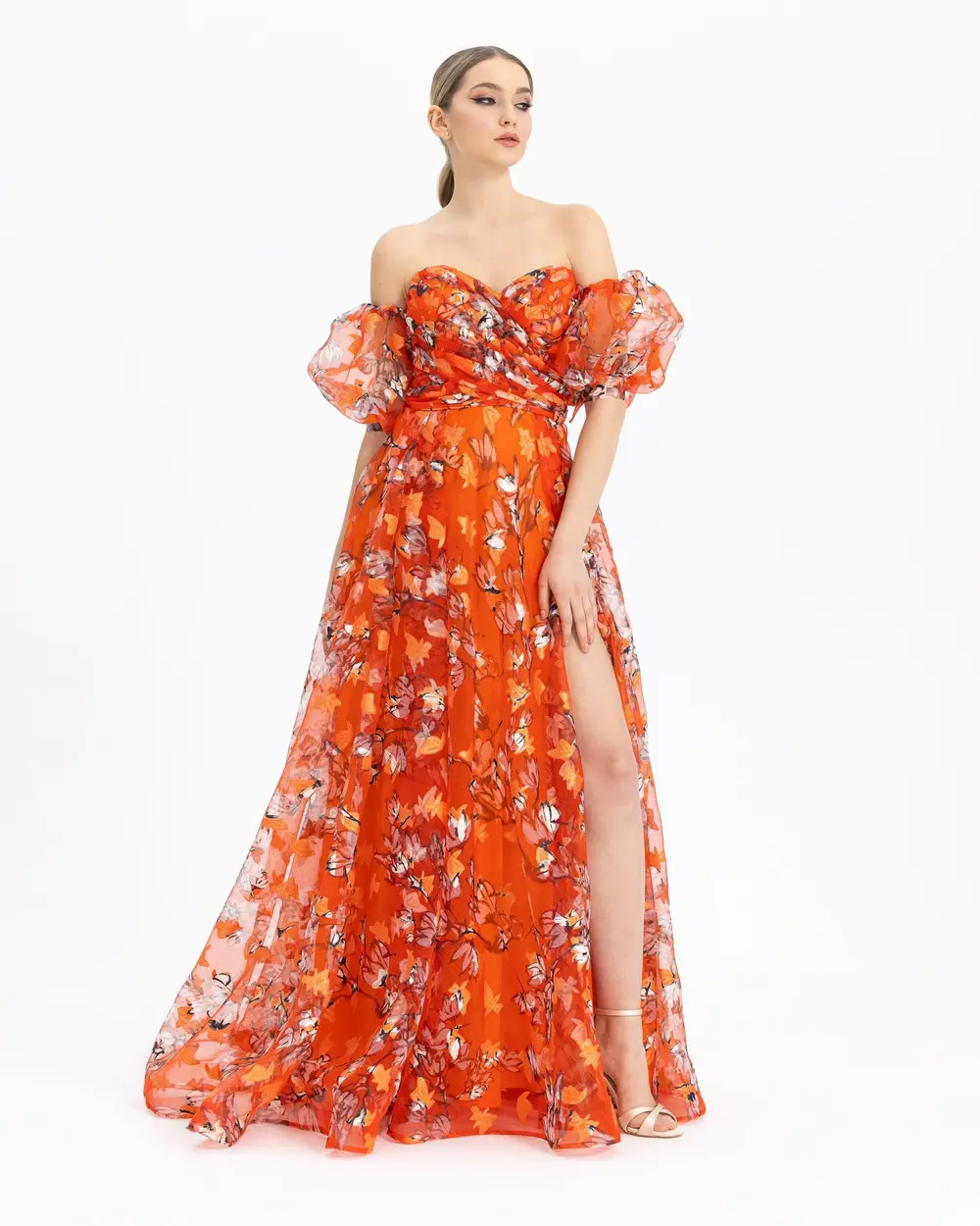  FLORAL PATTERNED EVENING DRESS WITH BALLOON SLEEVES