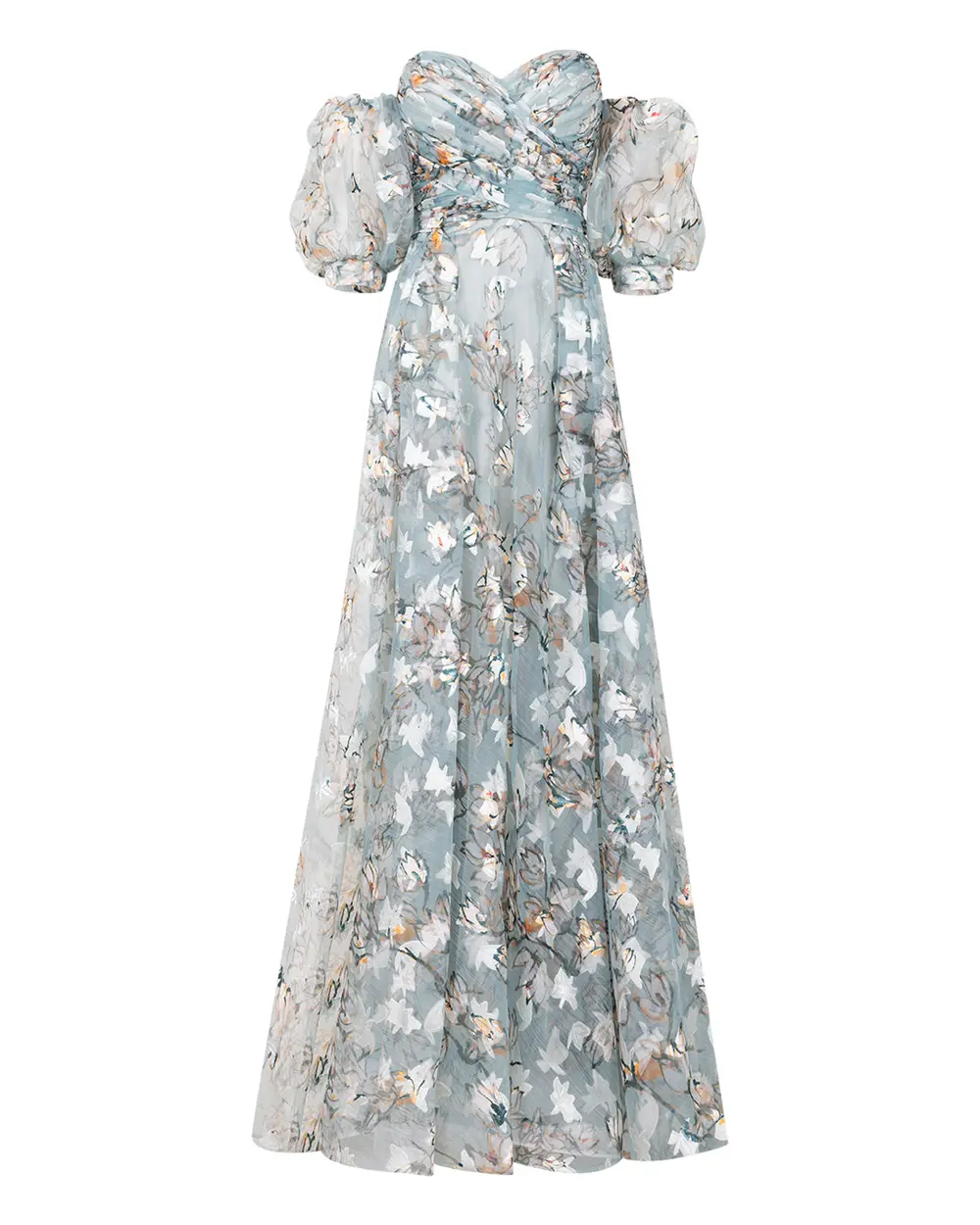  FLORAL PATTERNED EVENING DRESS WITH BALLOON SLEEVES